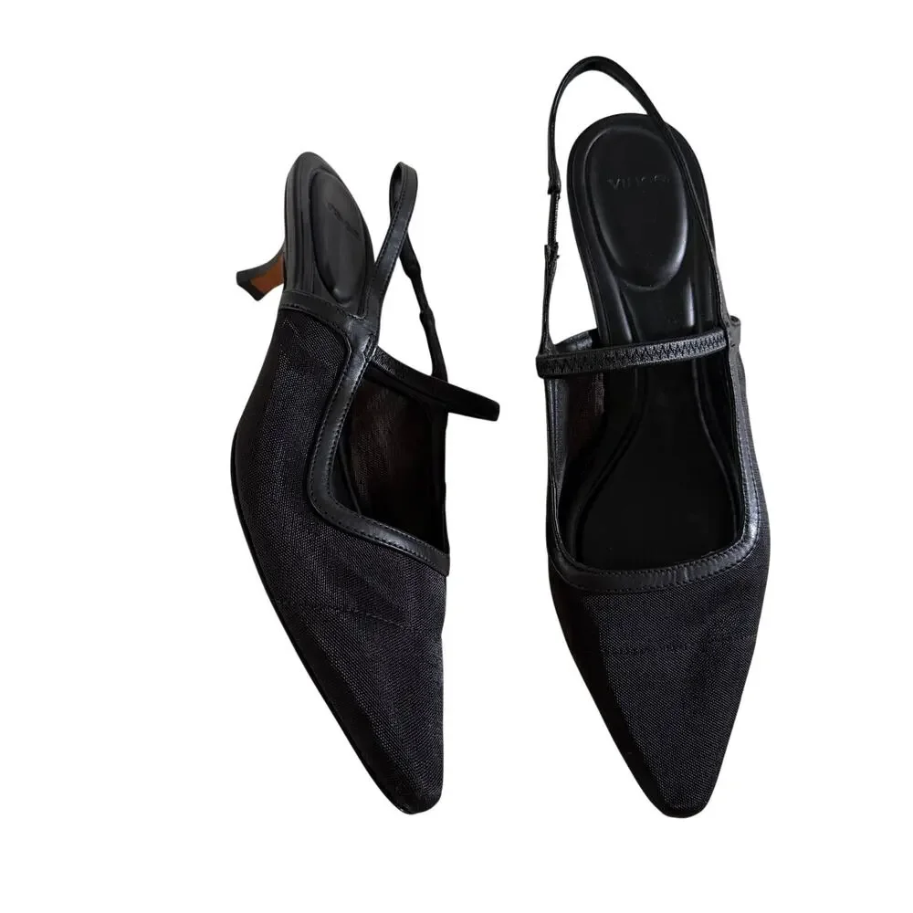Vince Black Mesh Pointed Toe Mary Jane Strap Kitten Heel 7 Sling Back